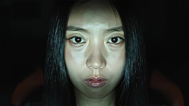 An intense close-up of a young Asian woman's face illuminated by a blue screen in the dark, her wide eyes staring blankly as the camera zooms in