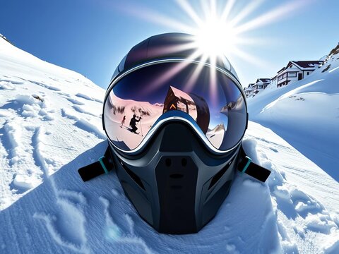 Gleaming mask mirrors alpine majesty, a geometric ski sanctuary ,  ski goggles,  alpine