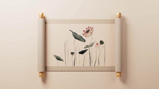 A captivating motion graphic of traditional chinese scroll artwork unfurling to reveal beautiful lotus flowers and leaves in a serene setting