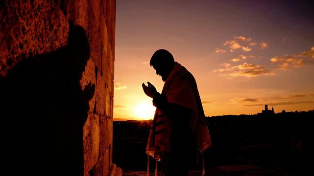 Silhouette of a Jewish man praying with a tallit at the Western Wall during sunset