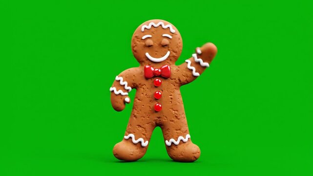 Animated gingerbread man with festive bow tie and green screen background