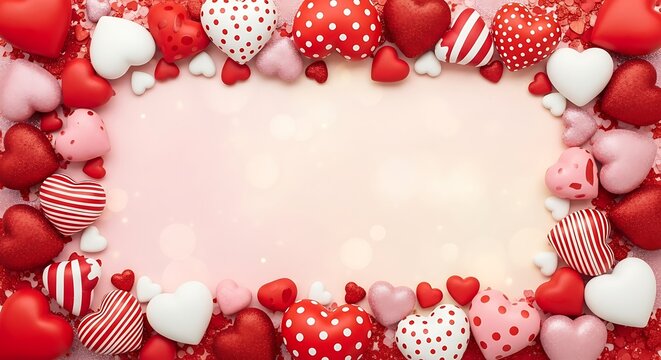 Red heart shaped candy and gingerbread cookies border on white background for Valentine love celebration
