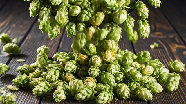 Fresh Green Hops Falling Onto Dark Wood Background For Brewing Beer