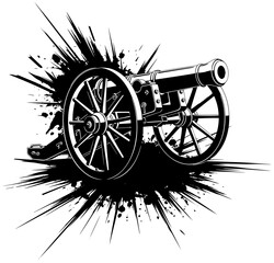 Fototapeta premium Vintage cannon with wooden wheels on dynamic black splatter background