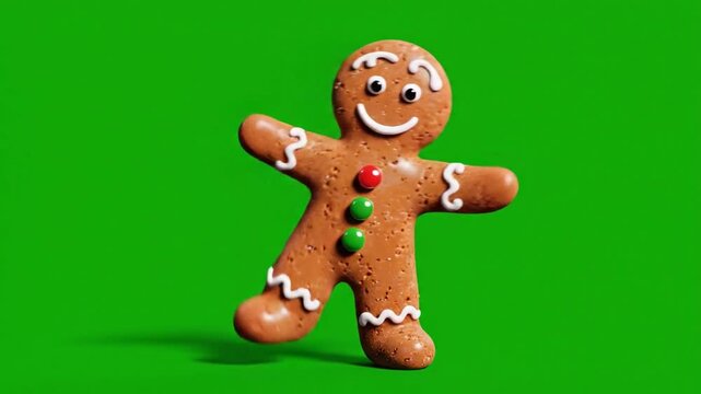 Animated gingerbread man with smiling face on bright green background
