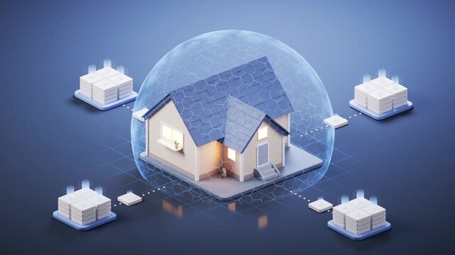 Smart home security concept with 3d digital house protected by glowing dome shield and data server connection animation