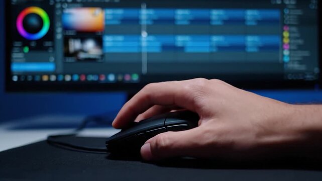 Close up of hand using computer mouse editing video on timeline.