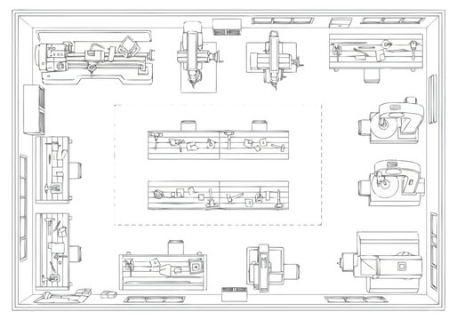 Industrial Workshop Layout Aerial View Detailed Blueprint Design For Manufacturing Facility With Machinery And Workstations layout architecture icons