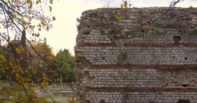 Closer view of the brick-based wall ruins of the ancient Roman thermal baths of Cimiez, Nice, France