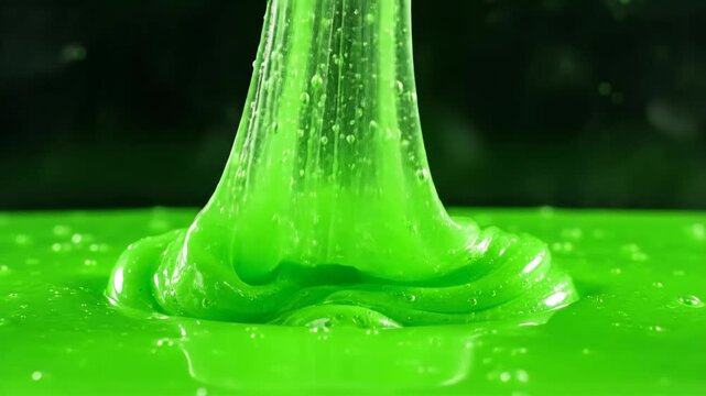 Vibrant Neon Green Slime Stretching and Dripping with Bubbles Against a Dark Moody Background