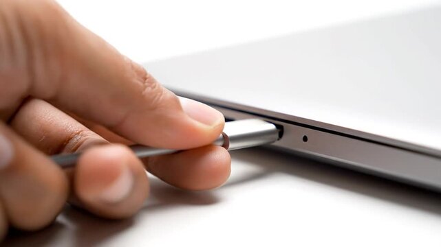 Closeup of a hand plugging a USBC cable into a laptop port.