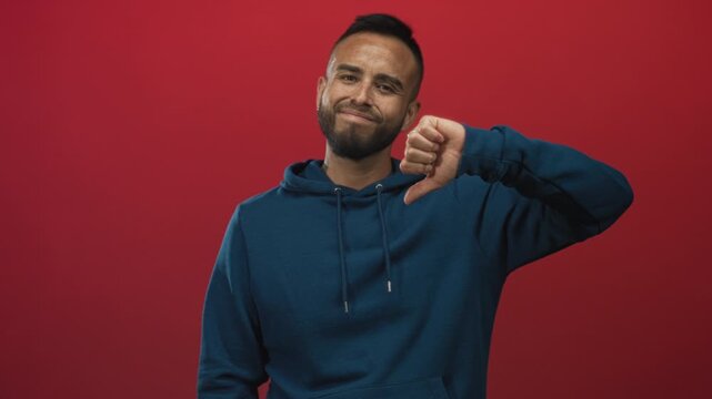 Young hispanic man in blue hoodie showing thumbs down gesture with slight smirk in red studio; disapproval doubt.
