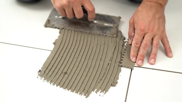 Closeup of hands applying tile adhesive with a notched trowel.