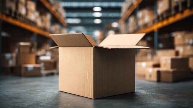 An open cardboard box in a warehouse with boxes in the background.