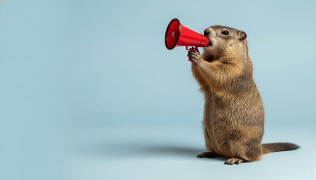 Groundhog day background with copy space furry weather predictor holding megaphone