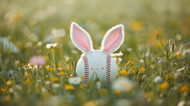 baseball with white fluffy bunny ears in the green grass field ai