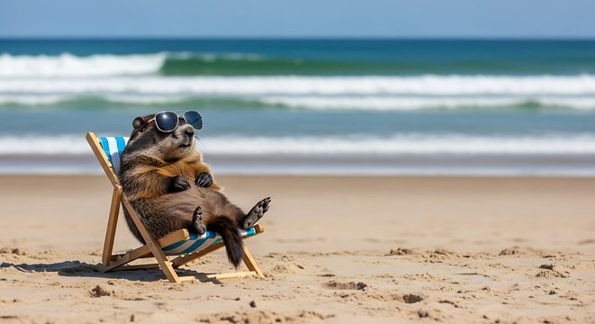 Groundhog day background with copy space a dog's relaxing beach scene