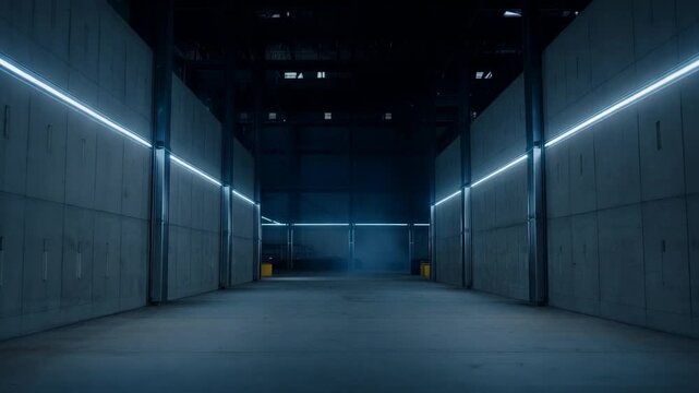 Dark Industrial Hallway Illuminated with Blue Neon Lights Creates a Futuristic Ambience