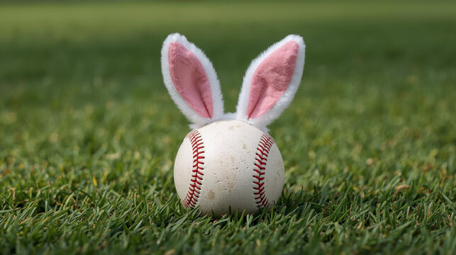 baseball with white and pink fluffy bunny ears in the green grass field ai