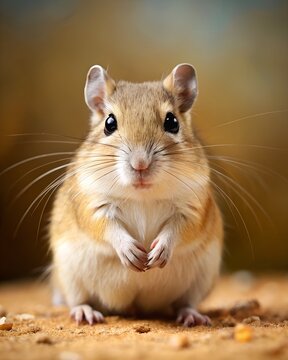 Cute gerbil standing on hind legs looking directly at camera