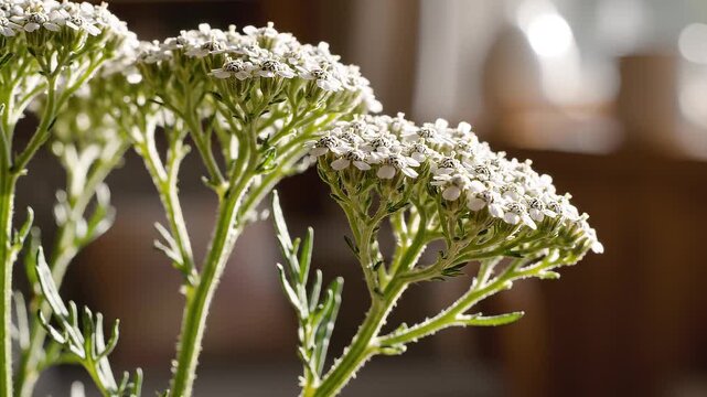 Close-Up View of White Achillea Millefolium Flowers with Blurred Background, Captivating Nature