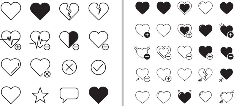 A diverse collection of black vector heart icons for interfaces. Features various styles including solid fills, minimalist outlines, broken hearts, and functional icons with plus, minus, and check sym