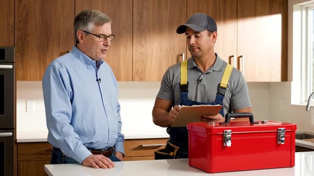 Plumber and client discussing in kitchen.