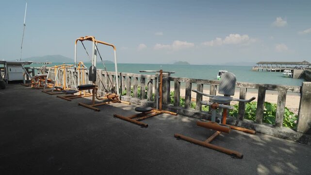Outdoor Seaside Gym On Koh Phayam Island Overlooking The Sea In Ranong, Thailand. - wide shot