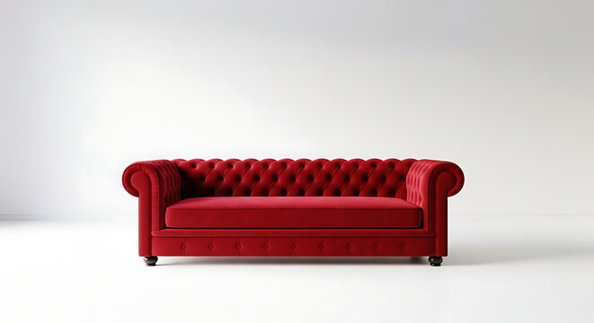 A vibrant red tufted Chesterfield sofa on a white background