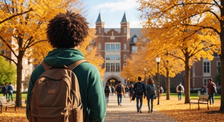 Obraz premium Male Student with Backpack Walking Through Autumn Campus