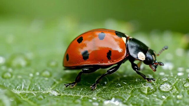 Macro shot of red ladybug walking on wet green leaf with water drops in nature