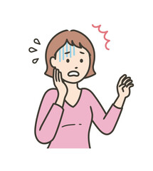 青ざめて頬に手を当てて驚き焦る女性
