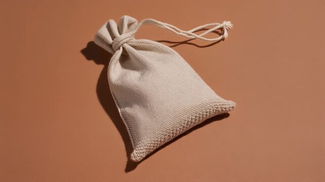 Minimalist Hand-Knitted Cotton Pouch. Craft & Handmade Authentic Product Display. A small unbranded hand-knitted beige cotton drawstring pouch placed on a smooth warm light terracotta tile.
