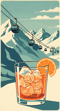 Large cocktail glass with orange slice placed in front of snowy alpine mountains and ski gondolas in clean retro poster style with textured grain and copy space for winter resort tourism and beverage