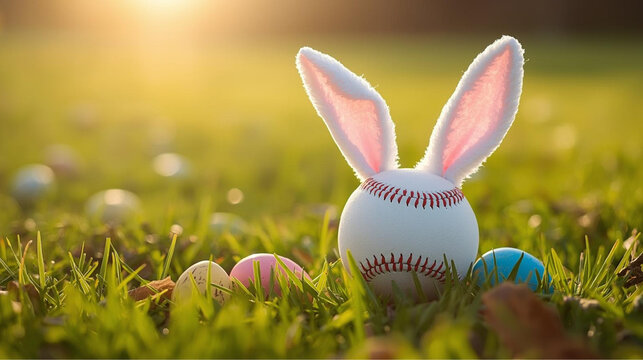 a white baseball with bunny fluffy soft ears with easter eggs ai