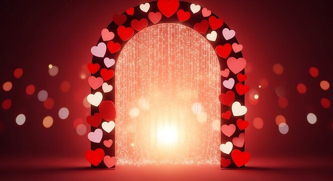 Heart-Shaped Archway with Glowing Light, Romantic Red Background, Valentine's Day Decoration