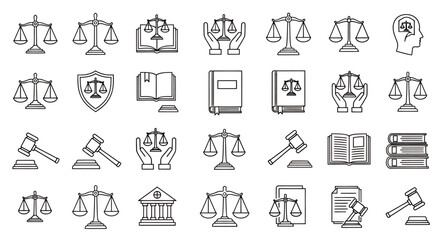 Collection of black and white justice and legal icons including scales, gavel, courthouse, books and documents.