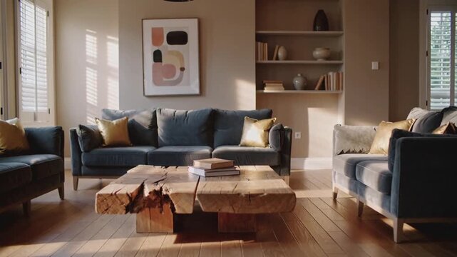 Modern living room interior with blue sofas and wooden coffee table