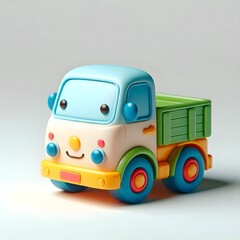 Cute 3D colorful toy truck character with a smiling face, vibrant plastic texture, isolated on a white background.