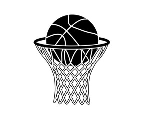 A stylized black-and-white vector illustration captures a basketball resting inside the woven mesh of a net, freezing the moment of a perfect shot with bold, high-contrast lines © Skyframe