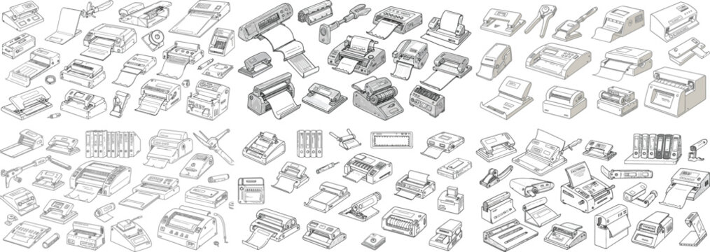 A diverse array of printers and printing equipment in monochrome style, perfect for tech illustrations.
