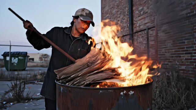 Person burning stack of newspapers and documents in rusty metal barrel outdoors near brick wall at dusk