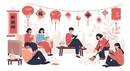 Illustration of a group of people celebrating spring festival with traditional chinese decorations, lanterns, and dragon, in a cozy home setting with a warm atmosphere.