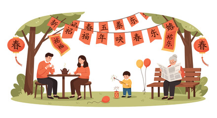 Illustration of a Chinese family celebrating the spring festival extended holiday with traditional lanterns and decorations in a park.