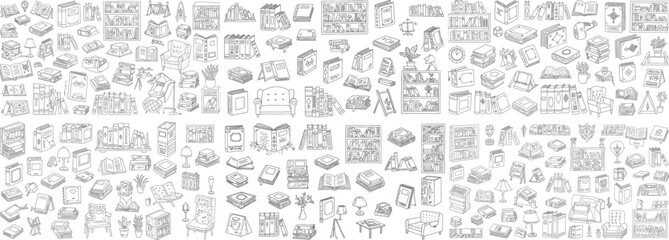 A diverse collection of hand-drawn illustrations of books and reading-related items in a whimsical style.