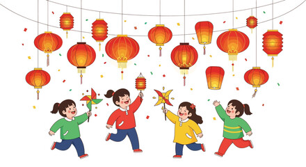 Illustration of four happy women celebrating spring festival with colorful lanterns and tanglung decorations in a lively scene.