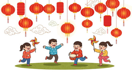 Illustration of four children celebrating spring festival with lanterns and dragon dance under hanging red lanterns on a green patch.