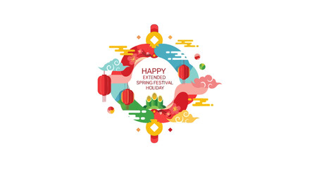 Illustration of a vibrant Chinese New Year celebration with a dragon, lanterns, and fire horse elements, featuring a happy woman in a colorful, sketch-style design.