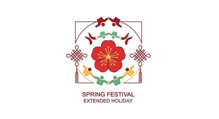 Illustration of a vibrant Spring Festival extended holiday graphic with a dragon, lantern, and fire horse, featuring a woman character in a colorful, sketch-style design.
