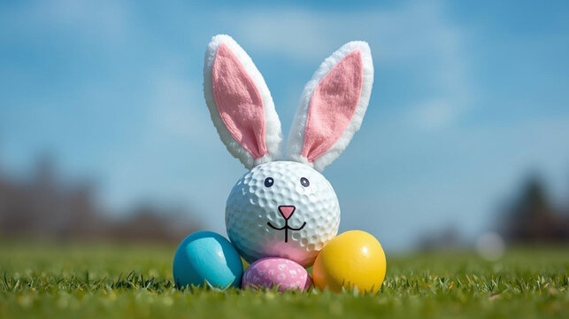 White golf ball with easter bunny ears and eggs on green grass on a bright blue sunny day ai